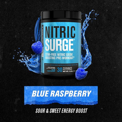 Jacked Factory Nitric Surge Stim Free Pre Workout Powder - Caffeine-Free Nitric Oxide Supplement w/Con-Cret Creatine, L Citrulline, & GlycerSize Glycerol - Blue Raspberry, 30 Servings
