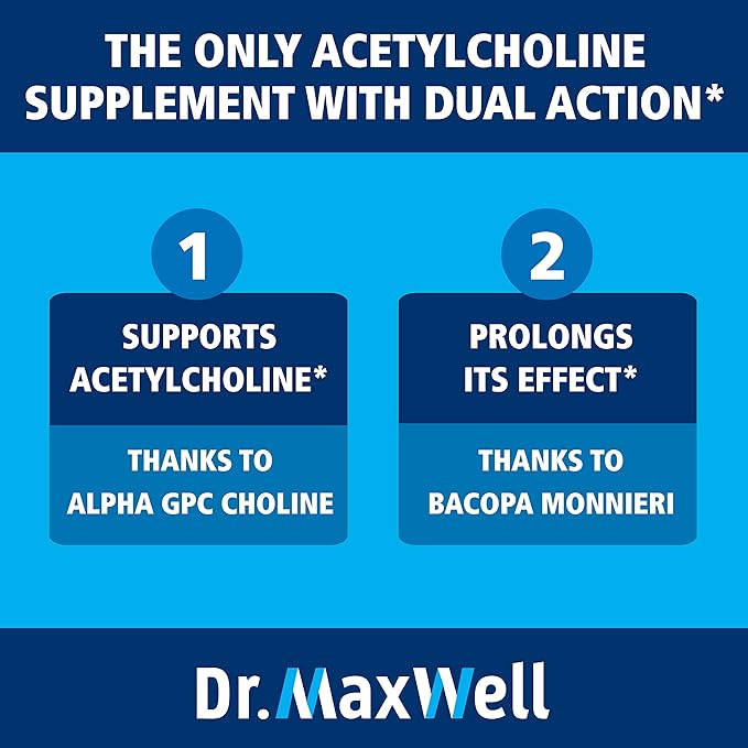 Acetylcholine, Alpha GPC Choline 600mg + Bacopa, Better Than Each Alone. More Reliable Acetylcholine (Supports Memory & Learning) Supplement, 60 Capsules