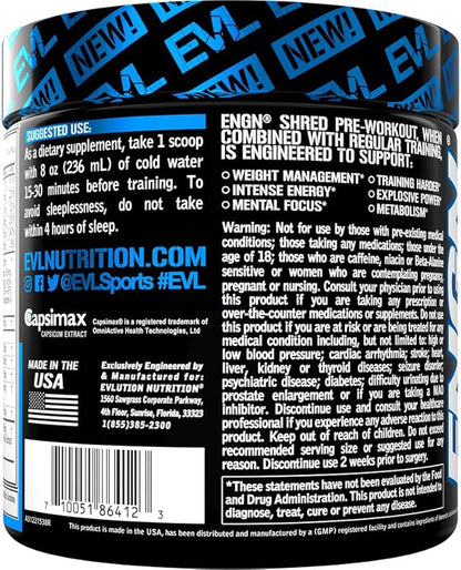 EVL Ultimate Pre Workout Powder - Thermogenic Fat Burn Support Preworkout Powder Drink for Lasting Energy Focus and Stamina - ENGN Shred Intense Creatine Free Preworkout Drink Mix - Blue Raz