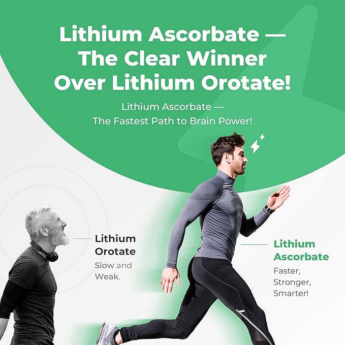Lithium Ascorbate 1 mg with Vitamin C - 60 Tablets – Brain Supplements for Memory and Focus, Mood and Stress Relief Supplement, Lithium Orotate, Depression Support, Brain Booster