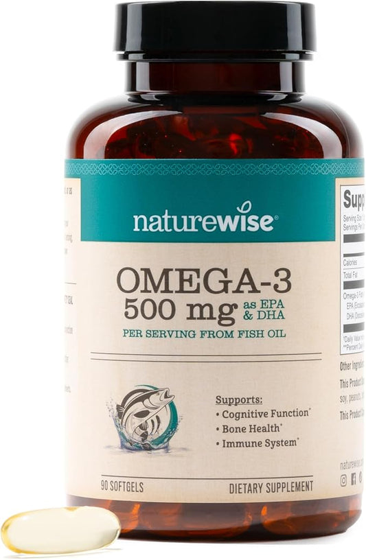 NatureWise Omega 3 Fish Oil - 500 mg per Pill - EPA & DHA - Immune Support, Brain Health & Optimal Wellness - Gluten and Soy Free, Non-GMO - 90 Softgels[3-Month Supply]