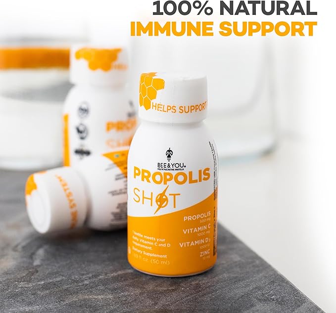 BEE and You Immune Support 100% Natural Propolis Shot Supplement, Antioxidants, Vitamin C, VIT D3, Zinc, Orange Juice, Raw Honey, 1.69 fl. oz x 12 Bottles