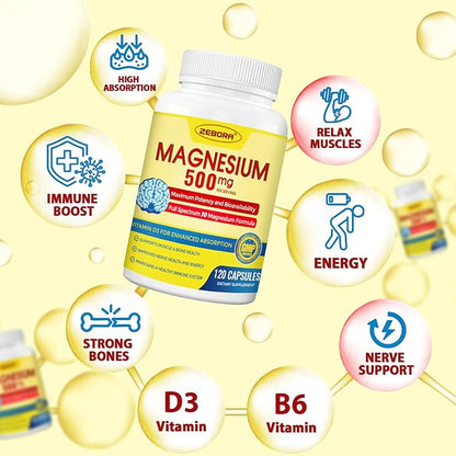 10-in-1 Magnesium Complex Supplement, Magnesium Glycinate 500mg with Citrate & Malate, Chelated High Absorption Plus Vitamin D3 & Zinc - for Nerve, Muscle & Bone Support - 120 Capsules