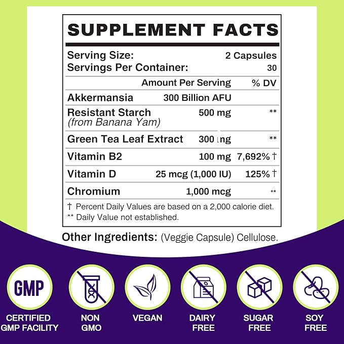 GLP-1 Supplement - 300 Billion AFU Akkermansia Probiotic for Women & Men, Akkermansia Muciniphila for GLP-1 Production, Digestive, Gut, Immune Health, Enhances Gut Digestive Lining function, 60 Count