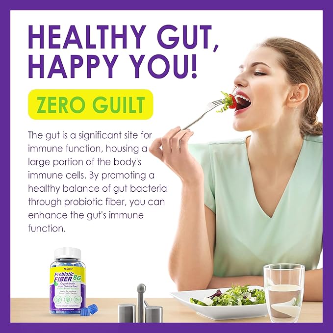 Fiber Gummies for Adults 8g (Inulin, Psyllium Husk, FOS More) with Probiotics, Green Tea Extract, Sugar Free Plant Based Fiber Supplement Blend for Digestive Health, Regularity, Non-GMO, Vegan, 120Cts