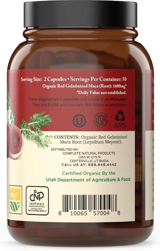 Organic Red Maca Root Capsules - 800mg 100 Gelatinized Pills, Pure Red Raw Maca Root Powder Supplement