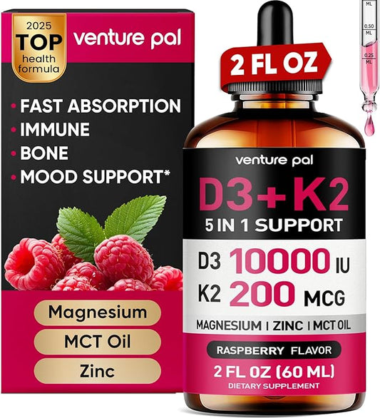 Venture Pal Vitamin D3 10000 IU Drops Plus K2 200 mcg with Magnesium, MCT Oil, Zinc, Vitamin D Liquid |Maximum Absorption for Bone, Mood & Immune Health (Raspberry, 2 Fl Oz)
