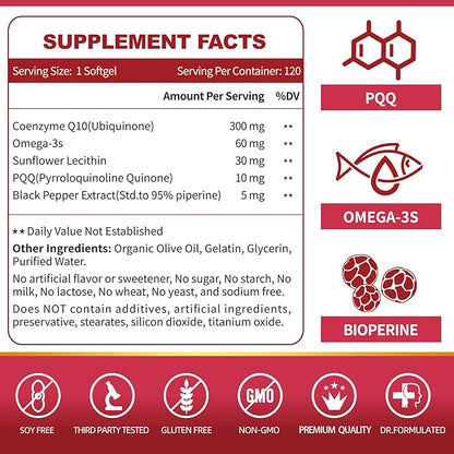 ZEBORA CoQ10-300mg-Softgels with PQQ, BioPerine & Omega-3, 120 Servings Coenzyme Q10 (Ubiquinone) Supplement for High-Absorption, Powerful-Antioxidant, Support Heart-Health & Energy-Production