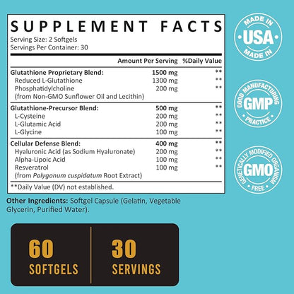2400 MG Liposomal Glutathione Softgels, Max Absorption, Active Form L-Glutathione Reduced (GSH), with Hyaluronic Acid, Resveratrol, Master Antioxidants for Detox, Brain, Immune System, 360 Softgels