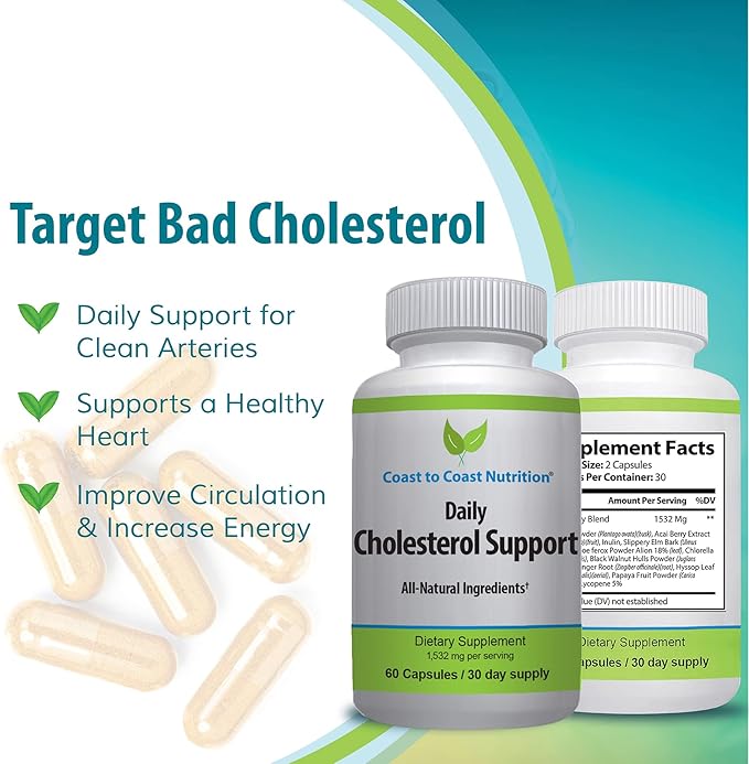 Cholesterol Support Supplement - Support Cardiovascular & Artery Performance, Target Bad LDL Levels & Plaque Calcium Buld-Up - Promote Circulation & Blood Flow - 60 Capsules