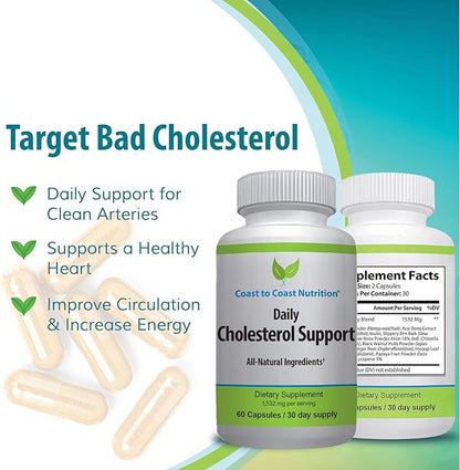 Cholesterol Support Supplement - Support Cardiovascular & Artery Performance, Target Bad LDL Levels & Plaque Calcium Buld-Up - Promote Circulation & Blood Flow - 60 Capsules