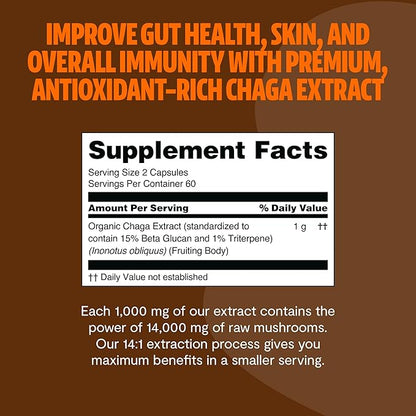 FreshCap Chaga Mushrooms Capsules 14,000mg - Chaga Mushroom Supplement, Mushroom Extract Antioxidants Supplement, Mushrooms Herbal Supplements, Ayurveda Nootropic Immunity Supplements (120 Capsules)