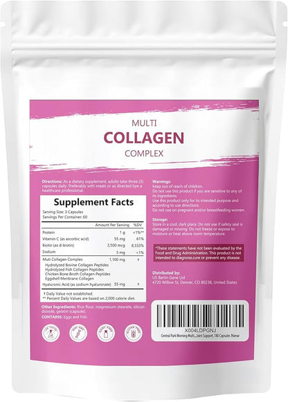 Multi Collagen Capsules for Women & Men - Hydrolyzed Collagen Type I, II, III, V, X, Hydrolyzed Collagen Supplements for Hair, Skin, Nail & Joint Support, Non-GMO - 180 Capsules