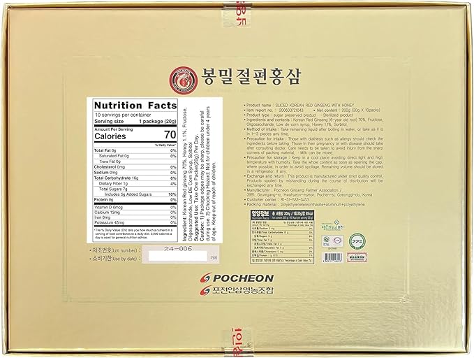 Pocheon 200g(10ea X 20g) 6Years Sliced Korean Panax Red Ginseng Roots with Honey, Saponin, Natural Immune Support