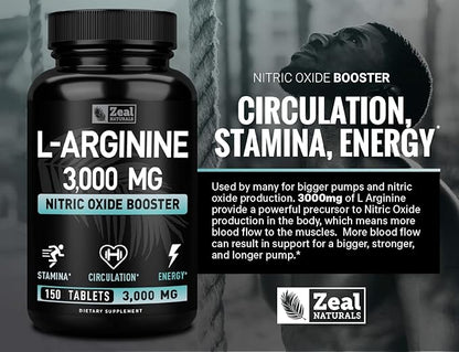 Zeal Naturals L Arginine 3000mg Capsules (150 Tablets | 1000mg) Maximum Dose L-Arginine Nitric Oxide Supplement for Supporting Muscle Growth, Vascular Function and Energy - Nitric Oxide Booster