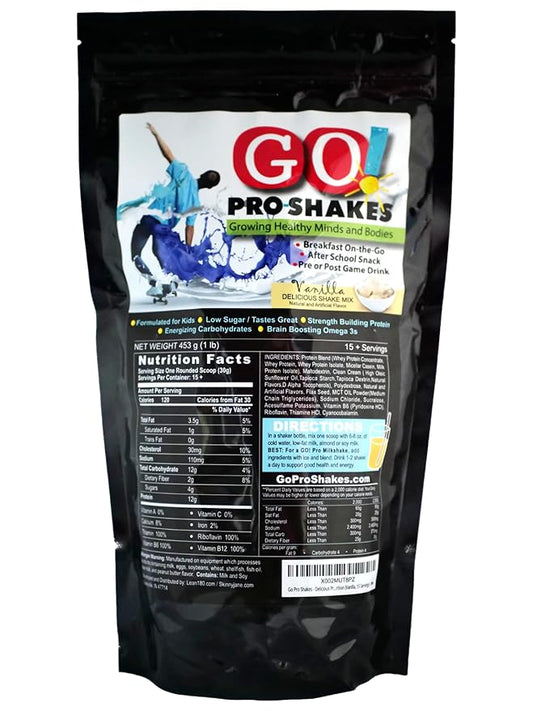 GO! Pro Shakes | Great Tasting Protein Powder Smoothie Drink for Kids Teens Growth Strength | Healthy Snack | No Added Sugar | Rich Delicious Flavor | Nutrition Sports | Vanilla