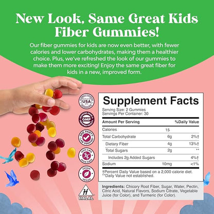High Prebiotic Fiber Gummies for Kids - Dietary Fiber Supplements for Digestion & Constipation - Chicory Root Kids Immune Gummies - Non-GMO & Vegan Digestive Nutritional Supplements - 60 Count