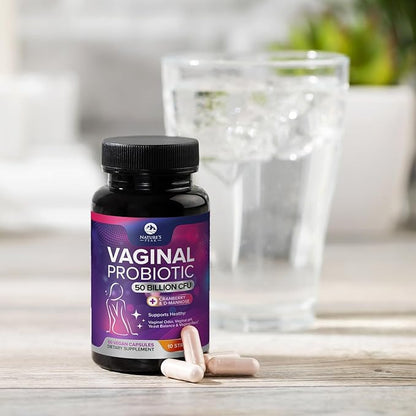 Vaginal Probiotics for Women pH Balance with Prebiotics, 50 Billion CFU, 10 Probiotic Strains, Cranberry, D-Mannose & XOS - Healthy Vaginal Odor & Flora, UT & Feminine Digestive Health - 60 Capsules