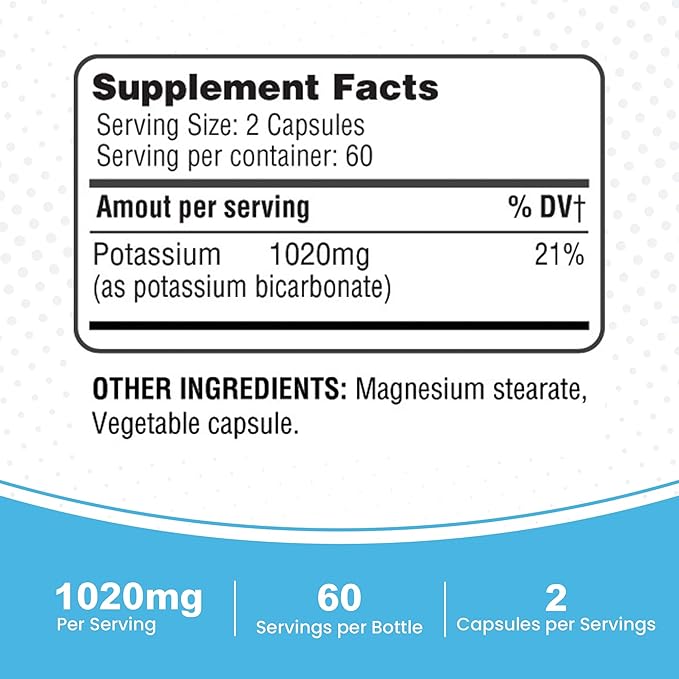 365 Health Potassium Supplement 1020 mg | Potassium Bicarbonate | Non-GMO | Gluten Free | Made in USA | 120 Vegetarian Capsules