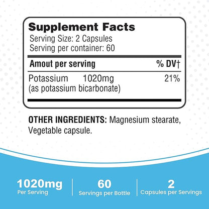 365 Health Potassium Supplement 1020 mg | Potassium Bicarbonate | Non-GMO | Gluten Free | Made in USA | 120 Vegetarian Capsules
