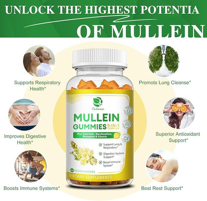 (2 Pack) 9 in 1 Mullein Gummies for Lung Cleanse & Detox, Extra Strength Mullein Leaf Extract w/Quercetin, Bromelain, Elderberry & Marshmallow for Respiratory, Immune & Digestive, Vegan,120 Count