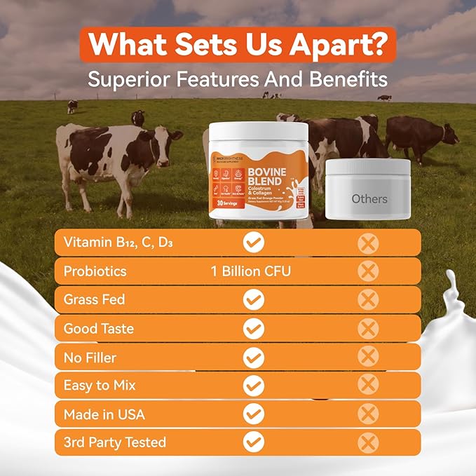 Bovine Colostrum & Collagen Powder for Gut Health, Immune Support, Hair Growth & Beauty Supplement, Sugar Free – IgG, Probiotics, Vitamin B12, C, D3 – Orange Flavor, 30 Servings