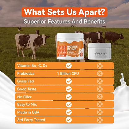 Bovine Colostrum & Collagen Powder for Gut Health, Immune Support, Hair Growth & Beauty Supplement, Sugar Free – IgG, Probiotics, Vitamin B12, C, D3 – Orange Flavor, 30 Servings