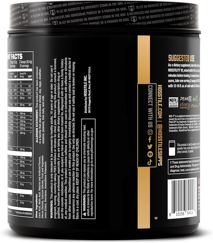 HOSSTILE Hosstility V2 Pre Workout, All-in-One Pre Workout Powder for Men and Women, Enhance Muscle Pump, Increase Energy, Boost Strength, Sharpen Focus, Grape Apple, 40 Servings