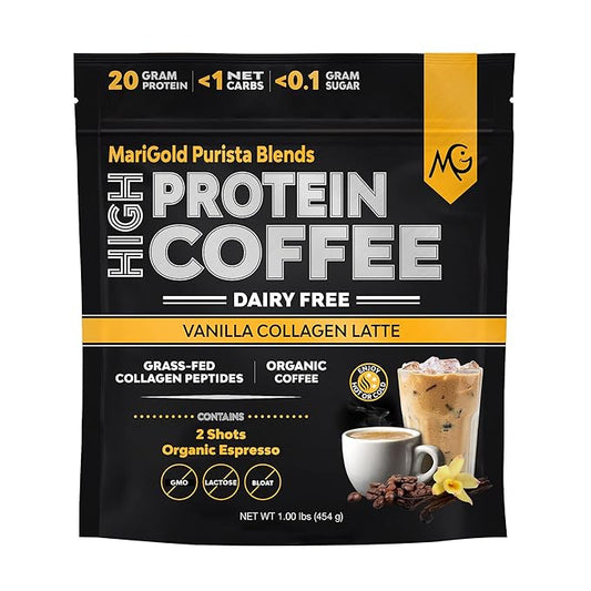 MariGold High Protein Collagen Coffee - Vanilla Collagen Latte, Dairy Free, 20g Grass-Fed Type I & III Collagen Peptides, Energy Boost, 2 Shots Organic Espresso, Non-GMO, 1 Lb Bag, 15 Servings