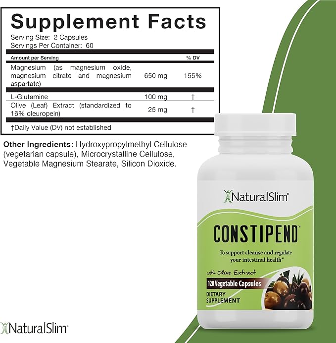 NaturalSlim Magnesium Oxide - Constipend for Constipation Relief, Colon Cleanser & Stool Softeners for Women & Men with Magnesium Citrate, Aspartate, & Olive Extract - 120 Vegetable Capsules 2 Pack
