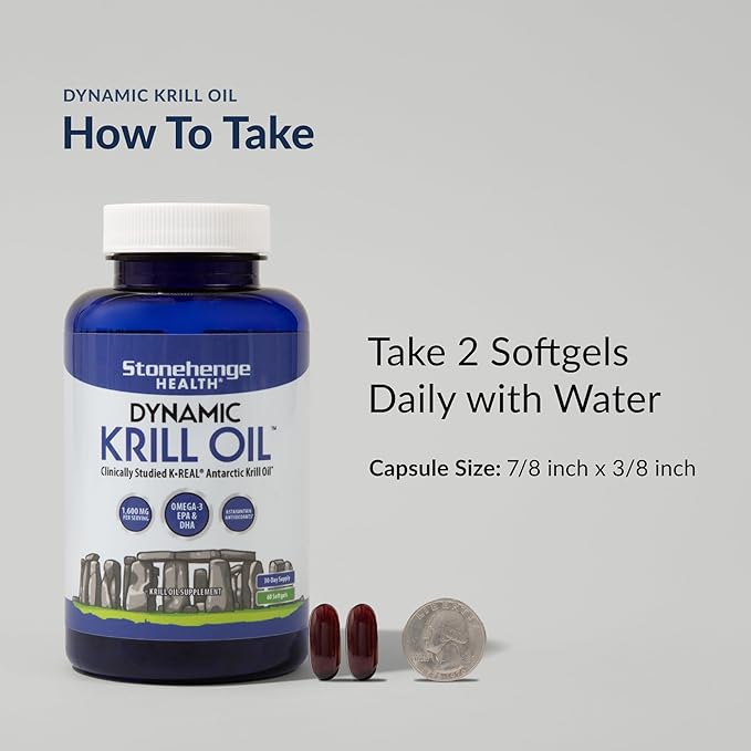 Stonehenge Health Dynamic Krill Oil 1600mg – Triple Strength Antarctic Omega-3 Supplement with EPA, DHA, Phospholipids & 2mg Astaxanthin – Supports Heart, Brain, Skin, Joint & Eye Health – 60 Softgels