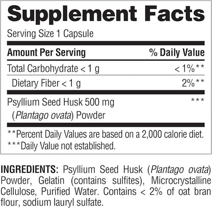 Nature's Wonder Psyllium Husk 500 mg Capsules for Digestive Health, Plant-Based Fiber, 200 Count