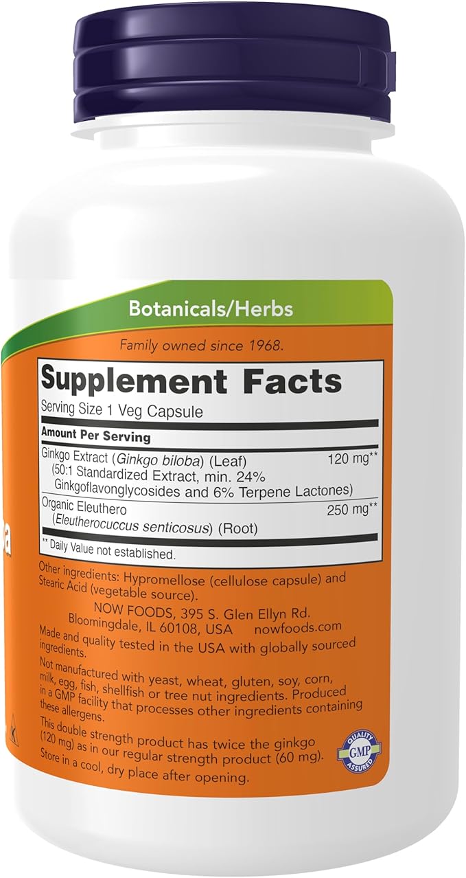 NOW Foods Supplements, Ginkgo Biloba 120 mg, Double Strength, Non-GMO Project Verified, 200 Veg Capsules