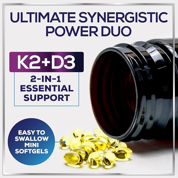 Vitamin D3 K2 - High Potency 5000iu D3 (125mcg) & 100mcg K2 (MK7) for Calcium Absorption, Bone, Teeth, Heart & Immune Support, Easy to Swallow D & K Complex, Non-GMO & Gluten Free - 240 Softgels