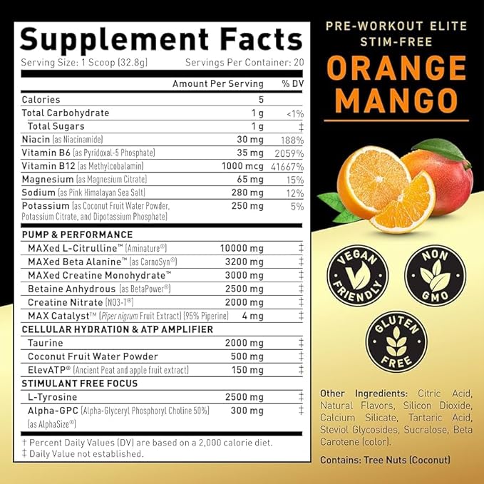 Kaged Pre Workout Powder Pre-Workout Elite Stim-Free for Men & Women | Power, Stamina, Focus, Pumps | L-Citrulline, Beta Alanine, Creatine | Caffeine-Free | Orange Mango | 20 Servings