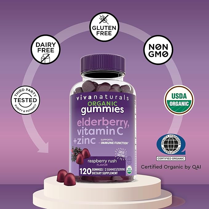 Viva Naturals Organic Sambucus Elderberry Gummies for Adults (120 Count) - 3in1 Black Elderberry Vitamin C and Zinc Immune Support Gummies, Chewable Elderberry Supplements, Zinc Immunity Gummies