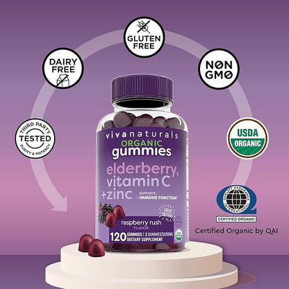 Viva Naturals Organic Sambucus Elderberry Gummies for Adults (120 Count) - 3in1 Black Elderberry Vitamin C and Zinc Immune Support Gummies, Chewable Elderberry Supplements, Zinc Immunity Gummies