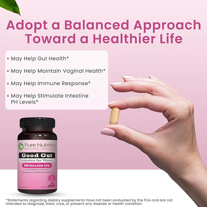 Pure Nutrition Good Gut Women's Probiotics 50 Billion CFU, 16 Strains | 60 Caps | Probiotics for Women with Organic Prebiotic Blend | Once Daily | Non GMO | Gluten Free