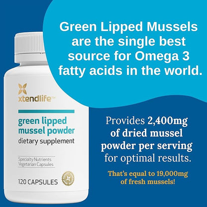 Xtendlife Green Lipped Mussel Powder - 2400mg Supplement with Omega-3 Fatty acids from New Zealand for Joint Health, 120 Capsules (2 Pack)