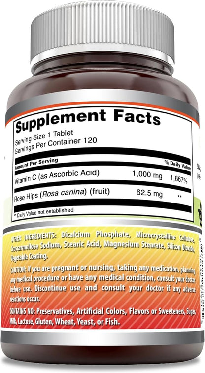 Amazing Formulas Vitamin C with Rose HIPS Supplement | 1000 Mg | Tablets | Non-GMO | Gluten Free | Made in USA (120 Count)