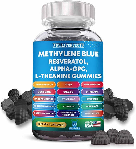 Sugar Free Methylene Blue Gummies Supplement with L-Theanine, DIM, Myo-Inositol, D-Chrio, Choline, DHA for Mental Clarity, Focus, Brain, Memory, Cognitive Support Vitality Performance Neuroprotection