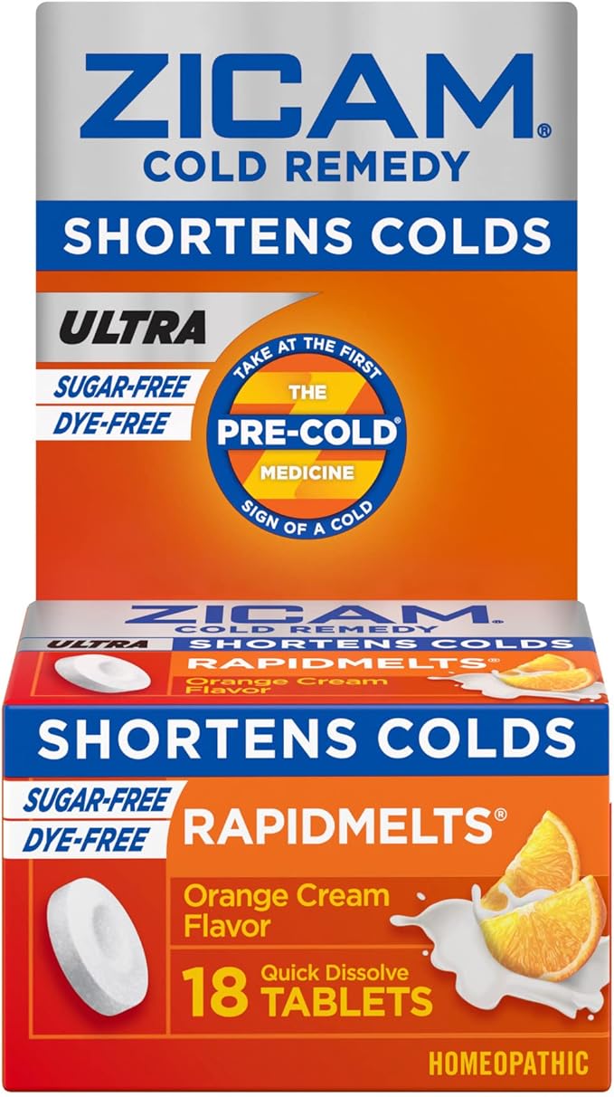 Zicam Ultra Cold Remedy Zinc Rapidmelts, Orange Cream Flavor, Homeopathic, Cold Shortening Medicine, Shortens Cold Duration, Sugar-Free, Dye-Free, 18 Count (Pack of 2)