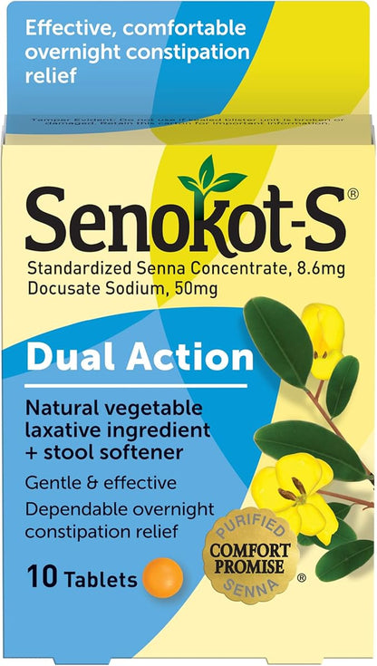 Senokot-S Dual Action Natural Vegetable Laxative Ingredient Plus Stool Softener Tablets, Docusate Sodium, Senna Concentrate, Gentle, Overnight Relief From Occasional Constipation, 10 ct