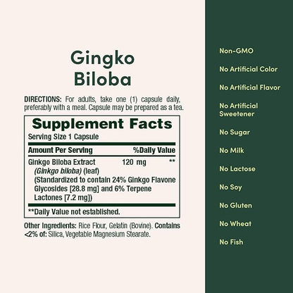 Nature's Bounty Ginkgo Biloba Capsules 120mg, Memory Support Supplement, Supports Brain Function and Mental Alertness, 100 Capsules