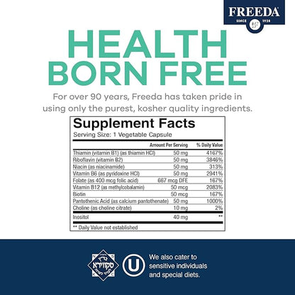 FREEDA Vitamin B Complex - Super Quints B-50 - Kosher Super B Complex Vitamin Supplement for Women & Men with Vitamin B1 Vitamin B2 Vitamin B3 Vitamin B6 Vitamin B12 Plus Folic Acid (100 Capsules)