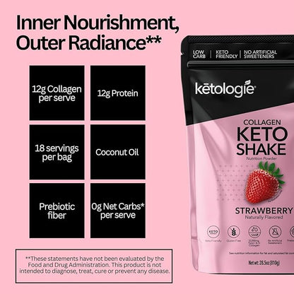 Keto Collagen Shake (Strawberry) - with Coconut Oil, Prebiotics, Grass Fed Hydrolyzed Collagen Peptides Type I & III, Low Carb, Gluten Free,1.78lbs.