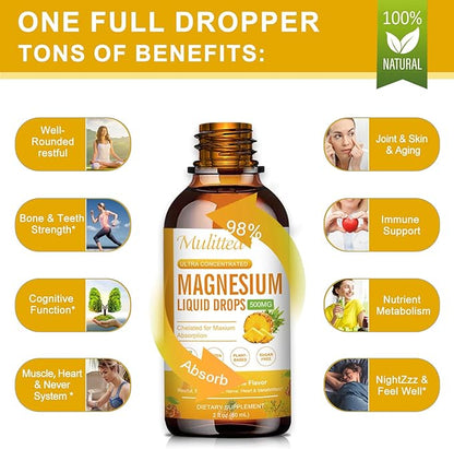 Magnesium Liquid Drops - High Absorption 5-in-1 Magnesium Complex Supplement with Magnesium Glycinate, Malate, Citrate, Taurate - for Bone, Muscles, Nerves & Energy - Vegan, Sugar Free, 2 Fl.oz
