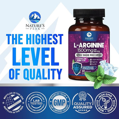L-Arginine 1000mg Supplement Supports Heart Health - Premium Muscle Supporting Nitric Booster for Strength & Energy to Train Harder - Nature's Non-GMO, Gluten-Free Amino Acid Blend - 60 Capsules