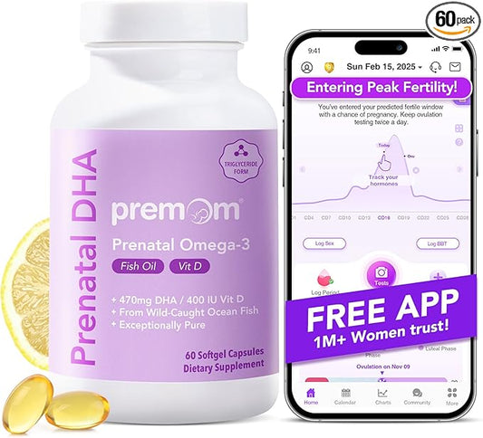 Premom Prenatal DHA Fish Oil: Triglyceride Omega 3 with 470mg DHA, 200mg EPA + 400 IU VIT D3 Supplement - Fertility Support for Women - Globally Sourced from Wild Caught Fish