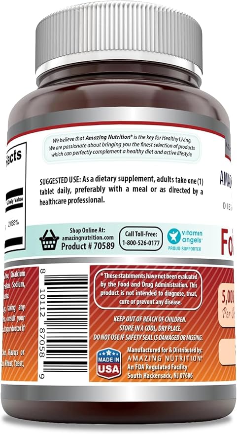 Amazing Formulas Folic Acid Supplement | 5000 Mcg | 120 Tablets | Non-GMO | Gluten Free | Made in USA (2 Pack)